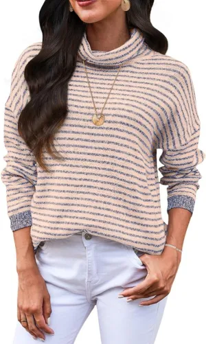 Oversized Striped Pullover Sweater, Long Sleeve, Turtleneck, Women's Knit Tunic Jumper Tops Beige/Navy