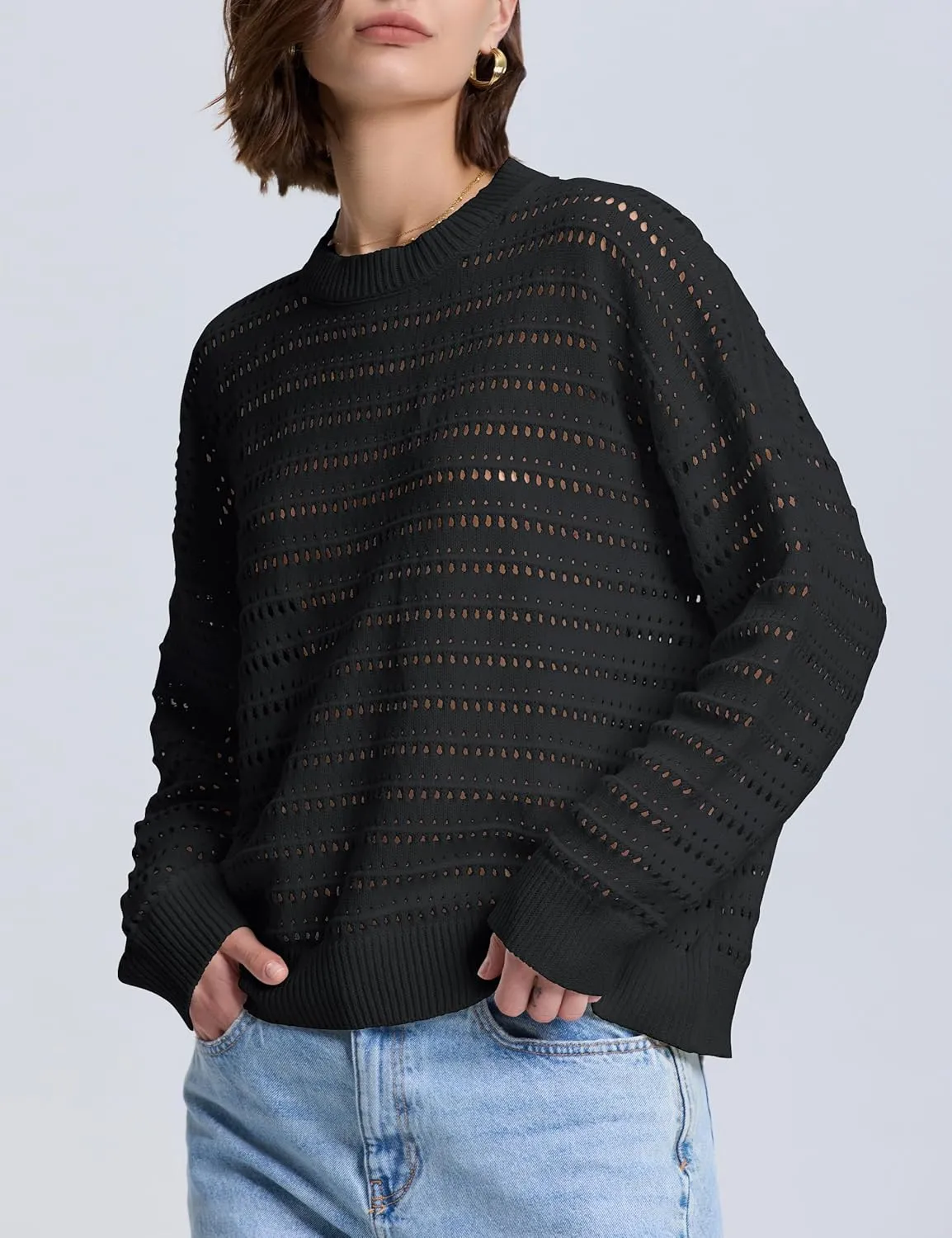 PrettyGuide Women's Crochet Sweaters Crew Neck Long Sleeve Cute Hollow Out Cotton Pullover Knit Tops