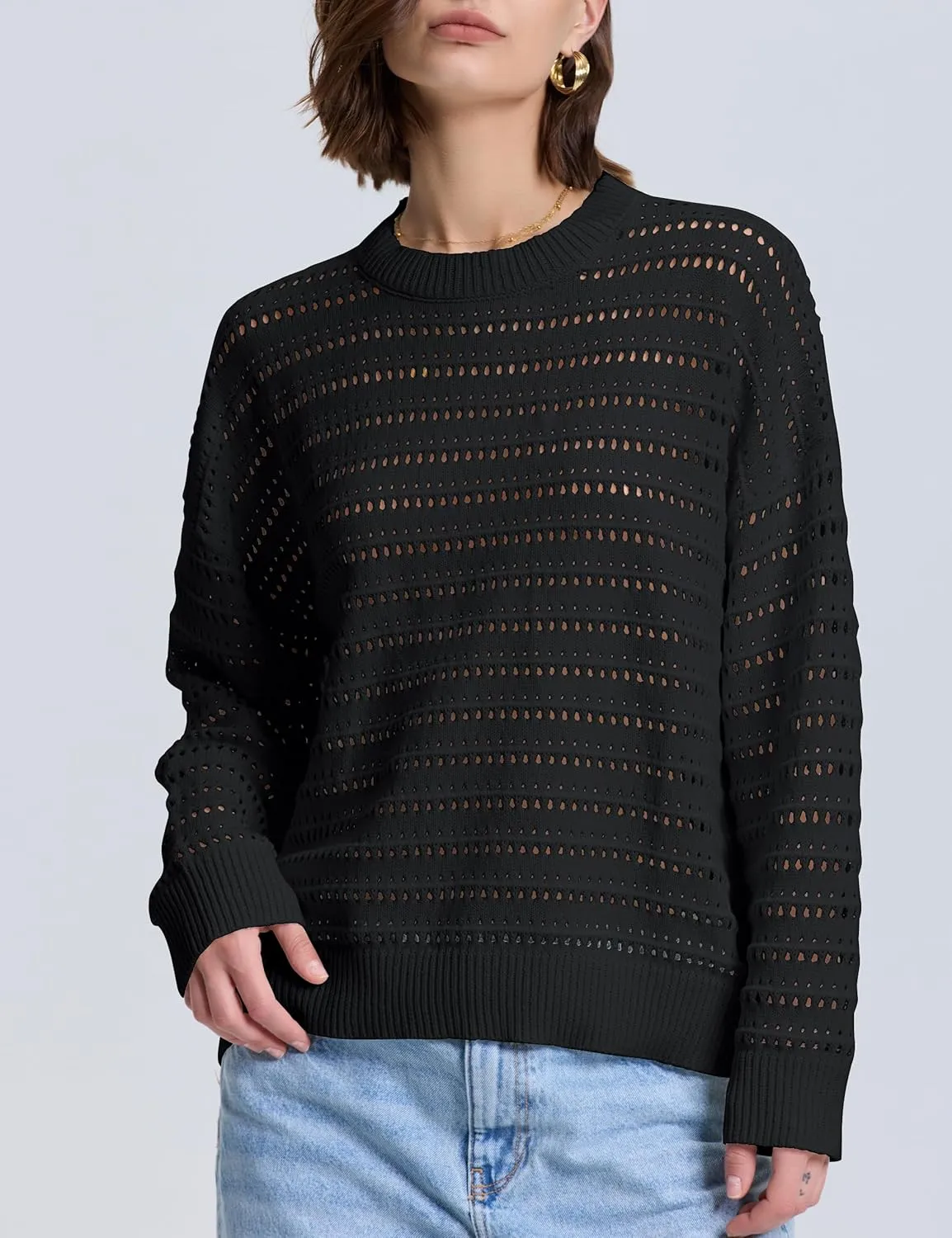 PrettyGuide Women's Crochet Sweaters Crew Neck Long Sleeve Cute Hollow Out Cotton Pullover Knit Tops