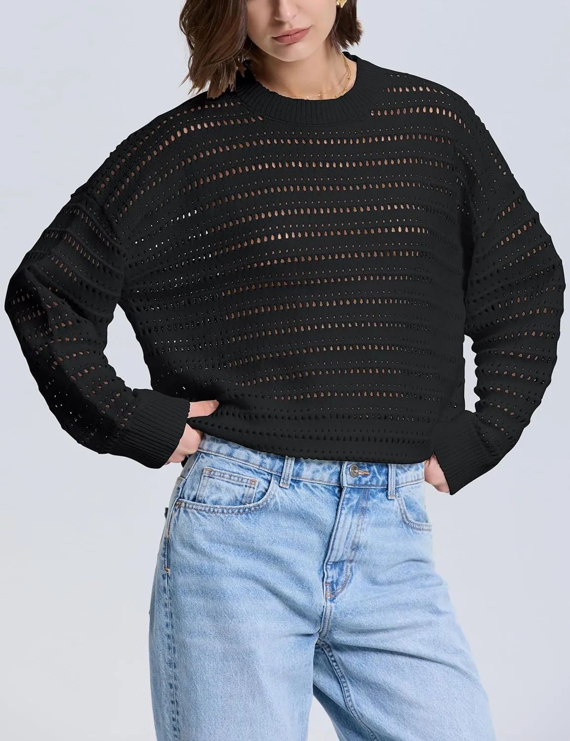 PrettyGuide Women's Crochet Sweaters Crew Neck Long Sleeve Cute Hollow Out Cotton Pullover Knit Tops