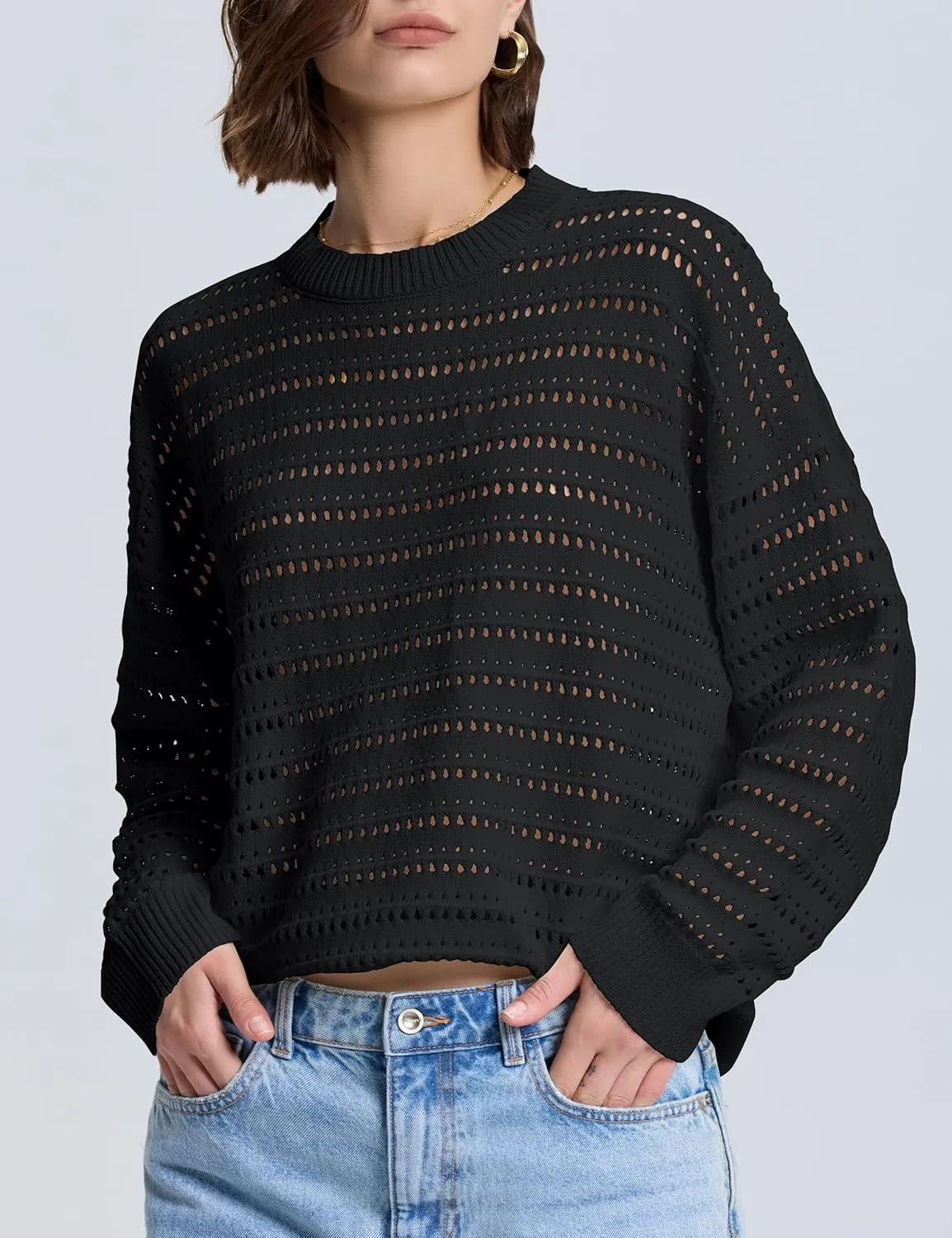 PrettyGuide Women's Crochet Sweaters Crew Neck Long Sleeve Cute Hollow Out Cotton Pullover Knit Tops