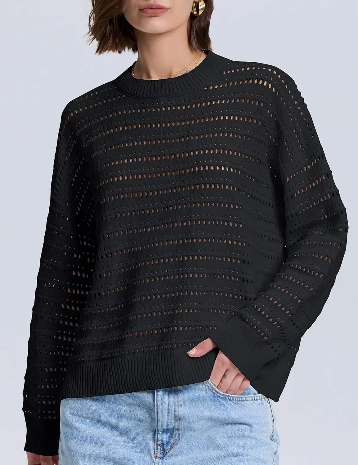 PrettyGuide Women's Crochet Sweaters Crew Neck Long Sleeve Cute Hollow Out Cotton Pullover Knit Tops