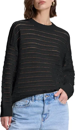 PrettyGuide Women's Crochet Sweaters Crew Neck Long Sleeve Cute Hollow Out Cotton Pullover Knit Tops