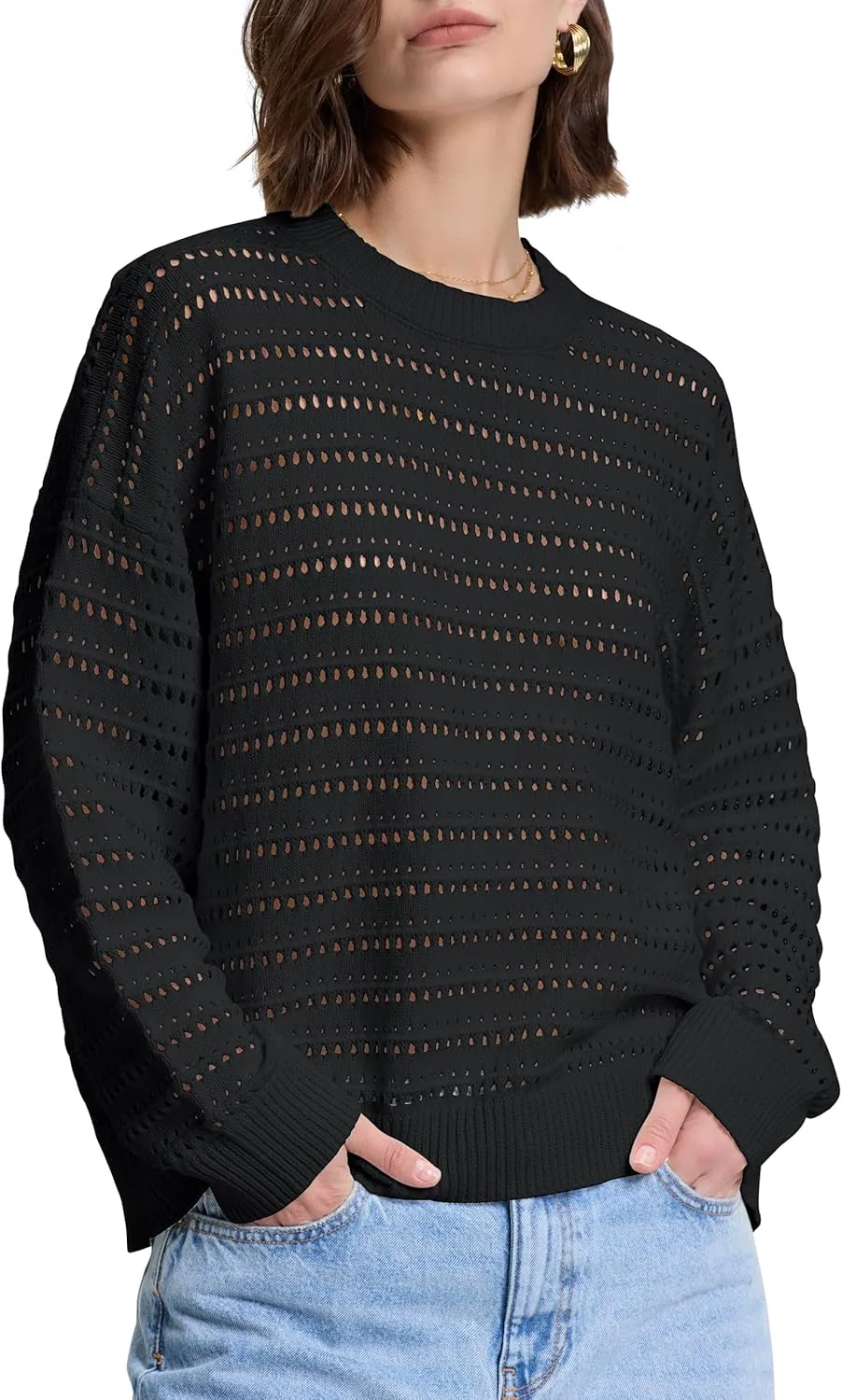 PrettyGuide Women's Crochet Sweaters Crew Neck Long Sleeve Cute Hollow Out Cotton Pullover Knit Tops