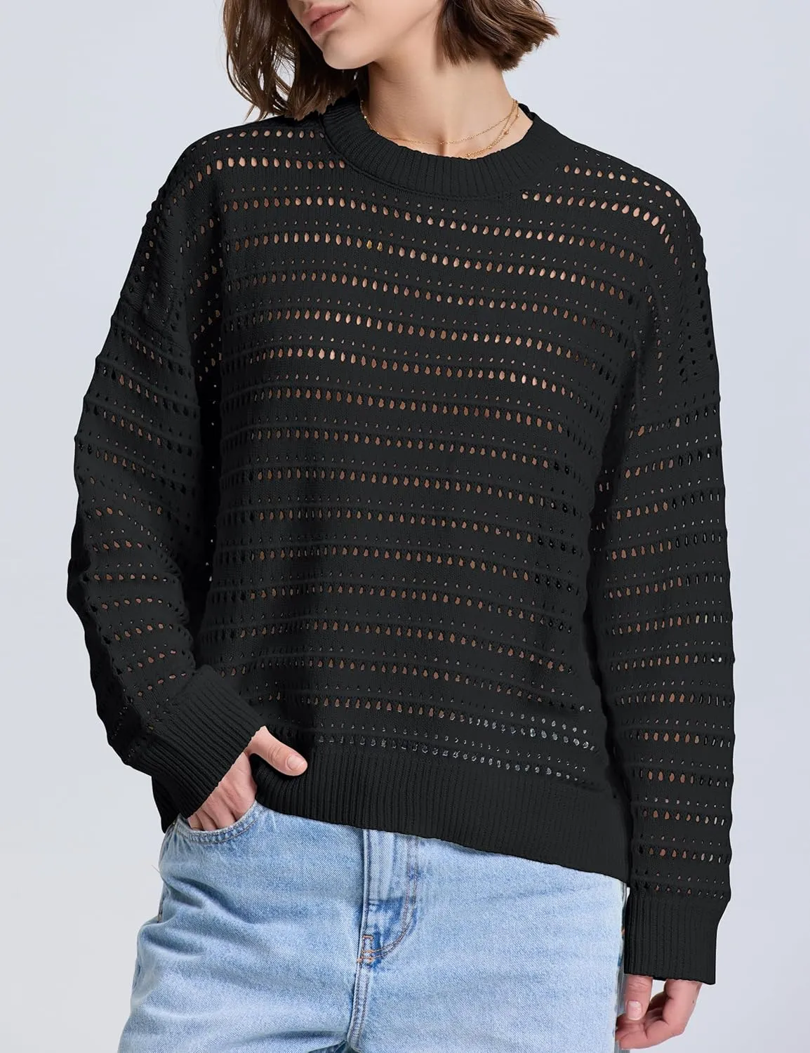 PrettyGuide Women's Crochet Sweaters Crew Neck Long Sleeve Cute Hollow Out Cotton Pullover Knit Tops