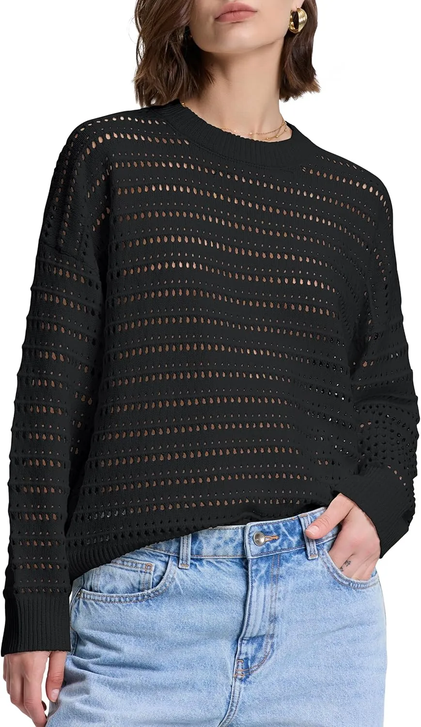 PrettyGuide Women's Crochet Sweaters Crew Neck Long Sleeve Cute Hollow Out Cotton Pullover Knit Tops