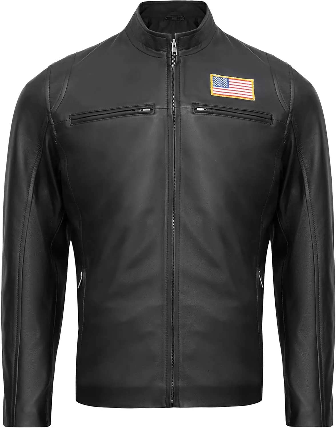 Real Lambskin Leather Jacket Men - Biker Style Stand Collar Zip Up Mens Motorcycle Jackets Outerwear