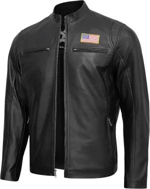 Real Lambskin Leather Jacket Men - Biker Style Stand Collar Zip Up Mens Motorcycle Jackets Outerwear