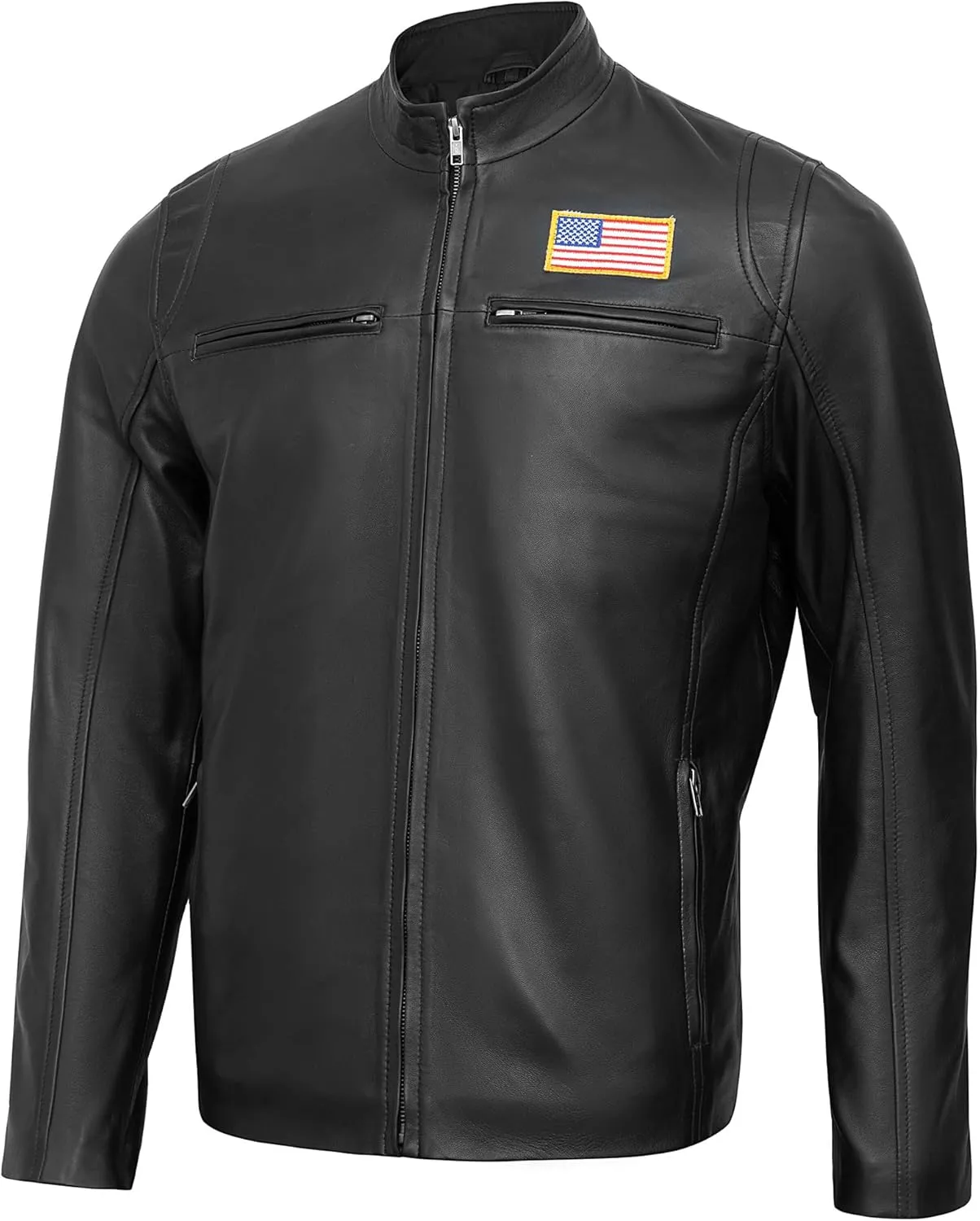 Real Lambskin Leather Jacket Men - Biker Style Stand Collar Zip Up Mens Motorcycle Jackets Outerwear