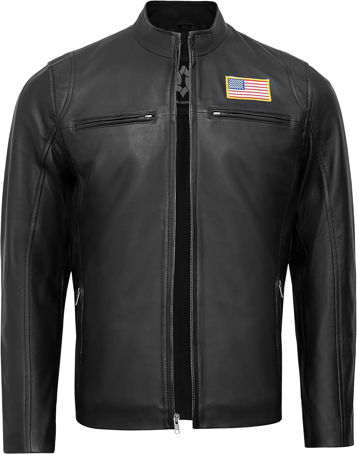 Real Lambskin Leather Jacket Men - Biker Style Stand Collar Zip Up Mens Motorcycle Jackets Outerwear