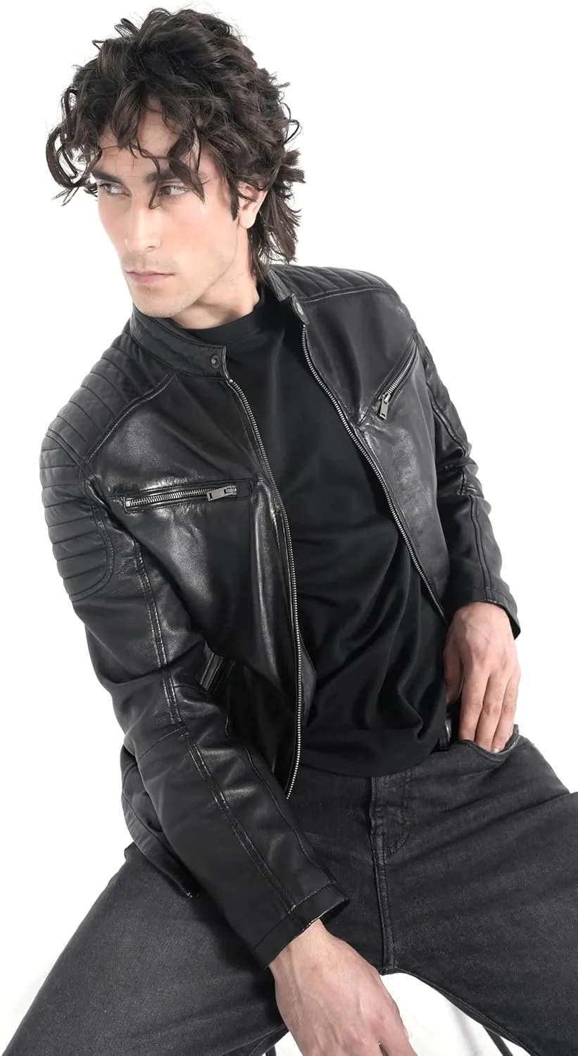 STREGA Men's Quilted Biker Leather Jacket – Moto Style Jacket, Rugged Racer Motorcycle Jacket for Men Premium Fit and Feel.