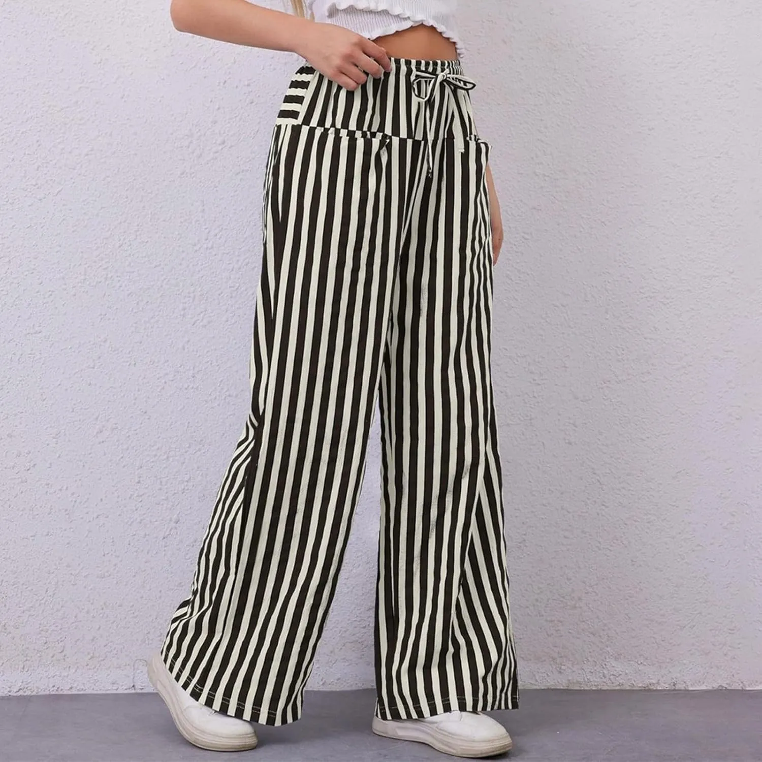 Wide Leg Pants Woman Lounge Casual Straight Leg Striped Pants Drawstring Low Waist Loose Fit Flowy Boho Palazzo Pants
