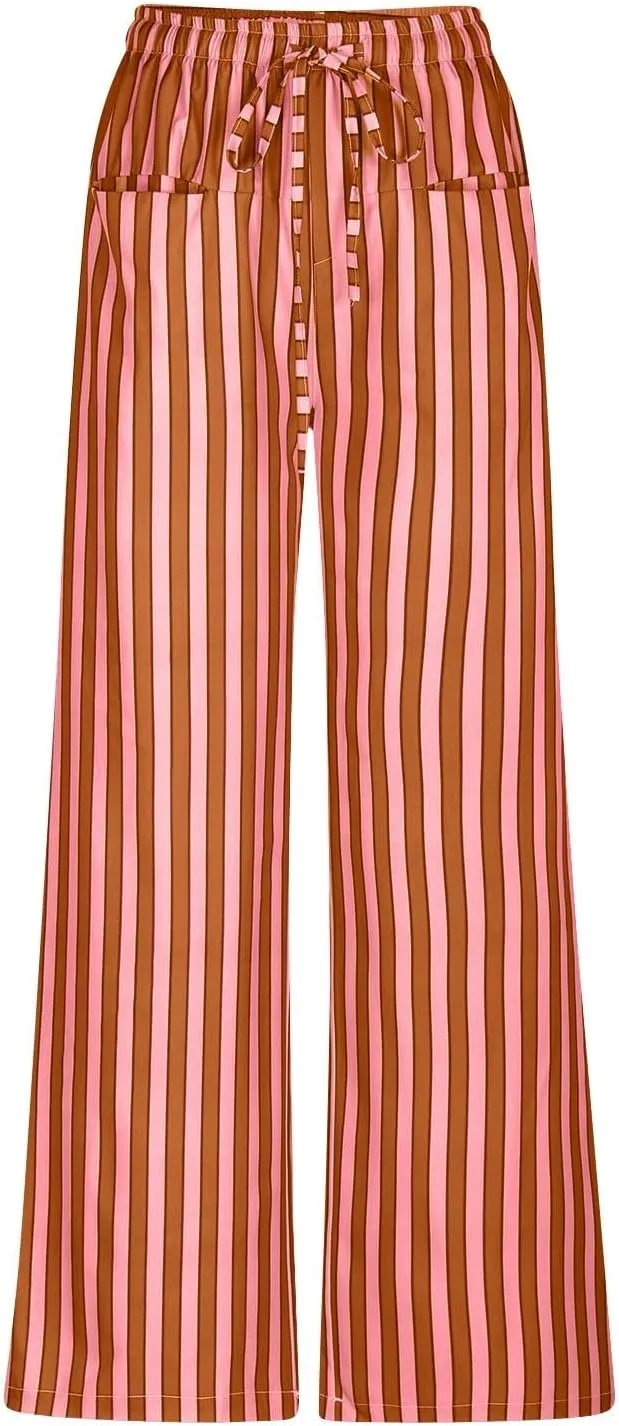 Wide Leg Pants Woman Lounge Casual Straight Leg Striped Pants Drawstring Low Waist Loose Fit Flowy Boho Palazzo Pants