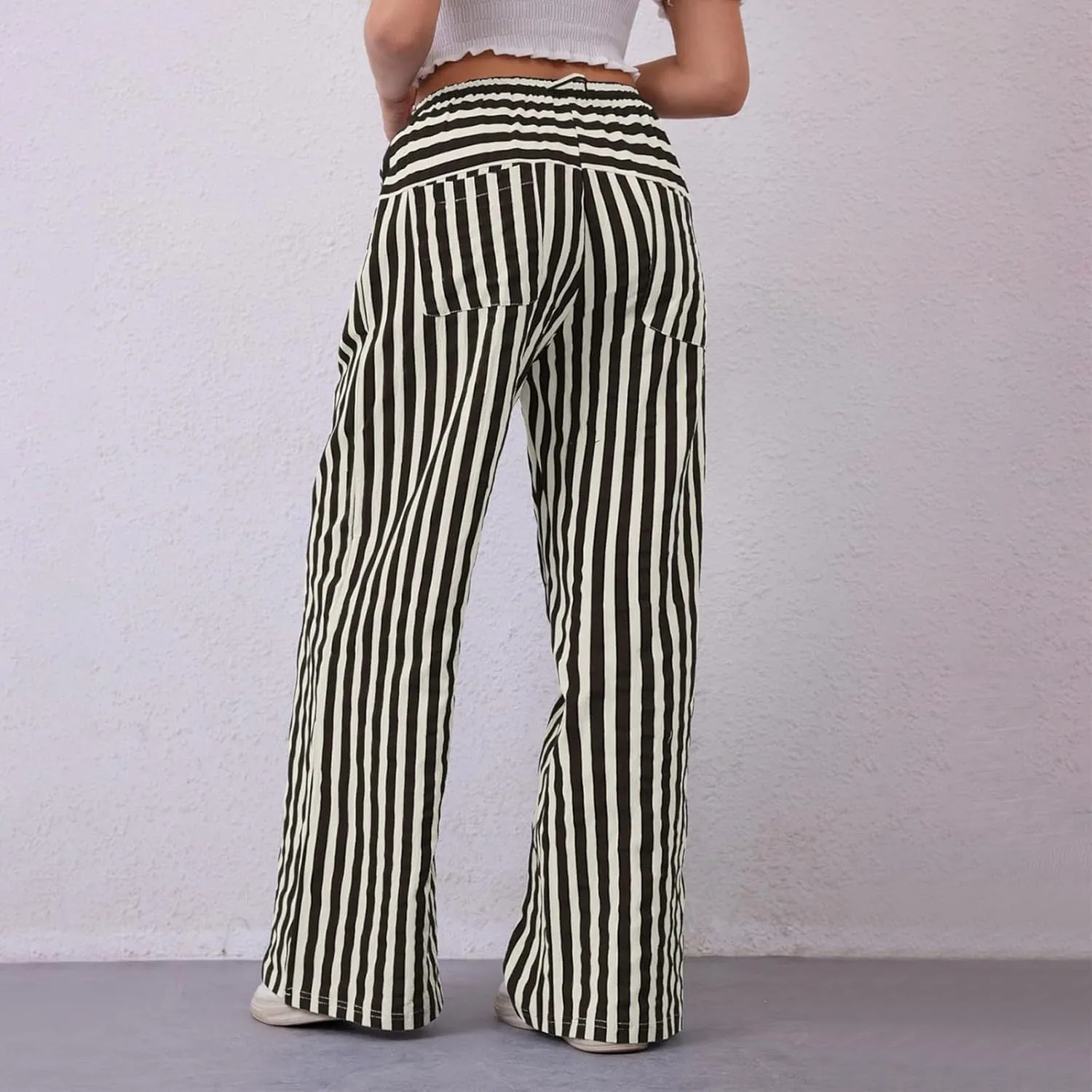 Wide Leg Pants Woman Lounge Casual Straight Leg Striped Pants Drawstring Low Waist Loose Fit Flowy Boho Palazzo Pants