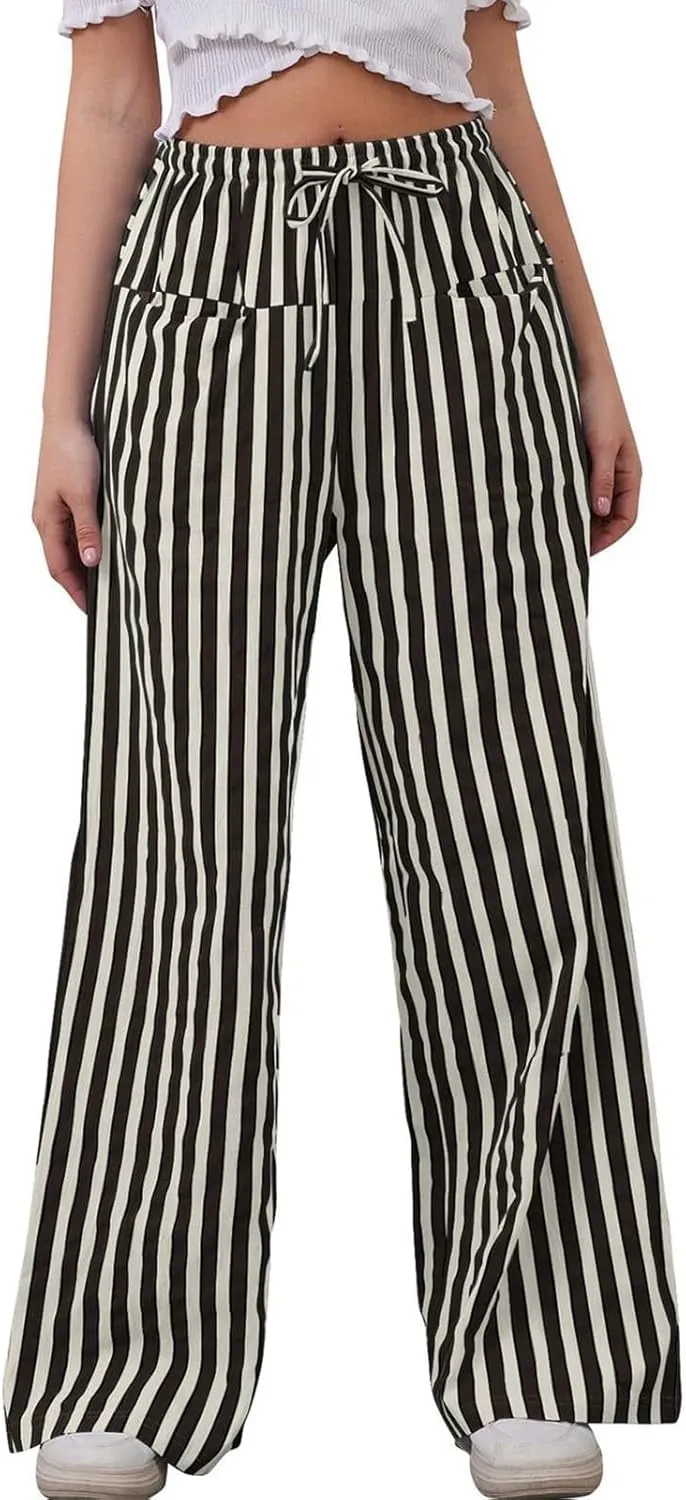 Wide Leg Pants Woman Lounge Casual Straight Leg Striped Pants Drawstring Low Waist Loose Fit Flowy Boho Palazzo Pants