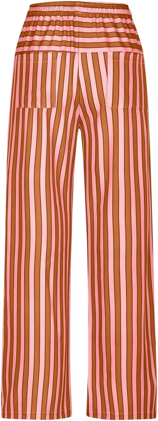 Wide Leg Pants Woman Lounge Casual Straight Leg Striped Pants Drawstring Low Waist Loose Fit Flowy Boho Palazzo Pants