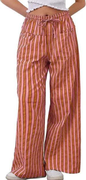 Wide Leg Pants Woman Lounge Casual Straight Leg Striped Pants Drawstring Low Waist Loose Fit Flowy Boho Palazzo Pants