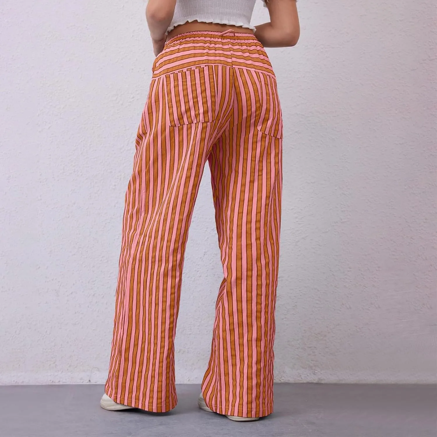 Wide Leg Pants Woman Lounge Casual Straight Leg Striped Pants Drawstring Low Waist Loose Fit Flowy Boho Palazzo Pants