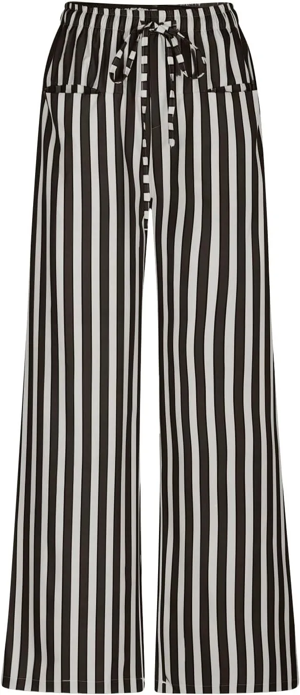 Wide Leg Pants Woman Lounge Casual Straight Leg Striped Pants Drawstring Low Waist Loose Fit Flowy Boho Palazzo Pants