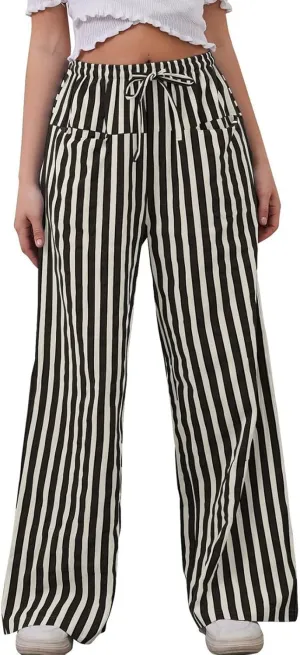 Wide Leg Pants Woman Lounge Casual Straight Leg Striped Pants Drawstring Low Waist Loose Fit Flowy Boho Palazzo Pants