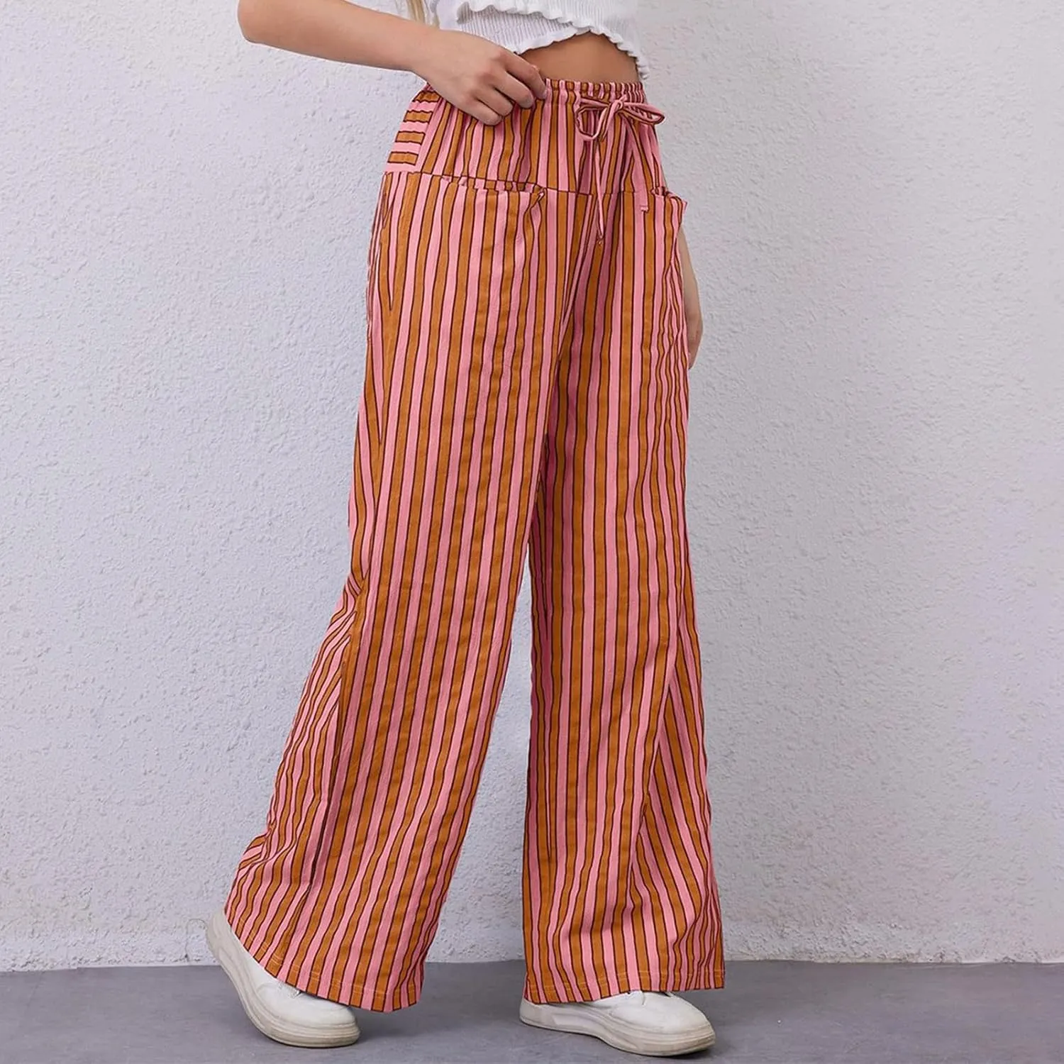 Wide Leg Pants Woman Lounge Casual Straight Leg Striped Pants Drawstring Low Waist Loose Fit Flowy Boho Palazzo Pants
