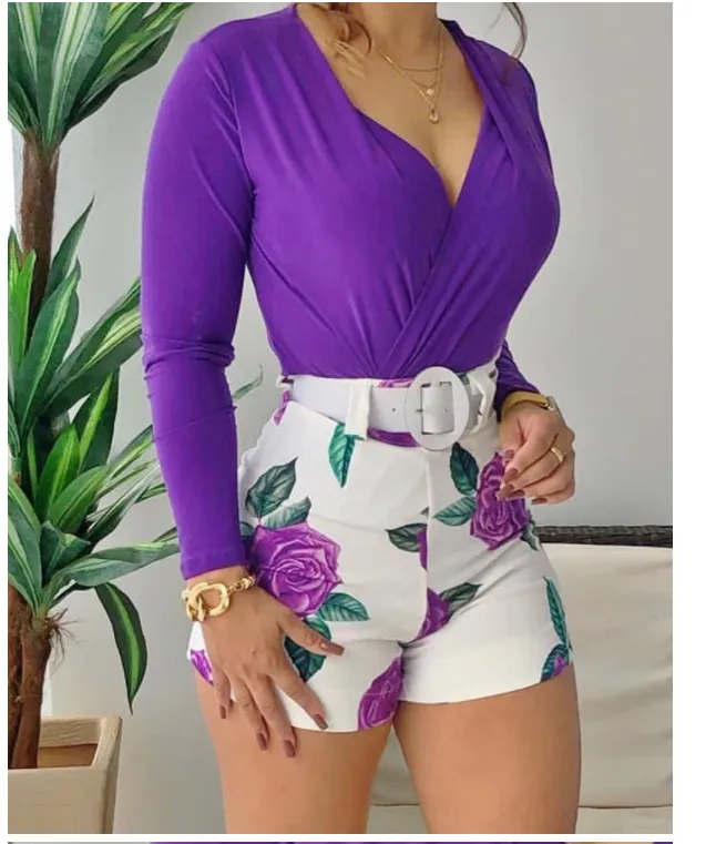 Women Casual Long Sleeve Top & Floral Print Design Shorts Set
