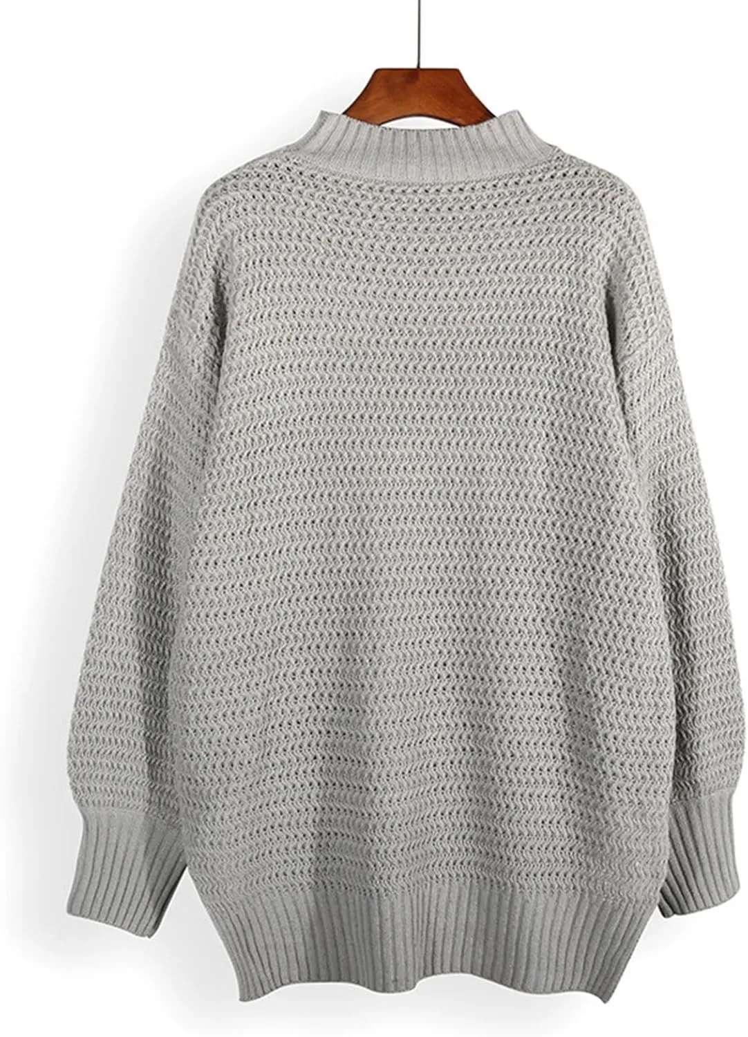 Women Solid Color Half Turtleneck Side Slit Chunky Knitted Pullover Sweater Twist Thread Lazy Style Long Lantern Sleeve