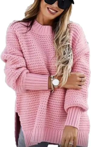 Women Solid Color Half Turtleneck Side Slit Chunky Knitted Pullover Sweater Twist Thread Lazy Style Long Lantern Sleeve
