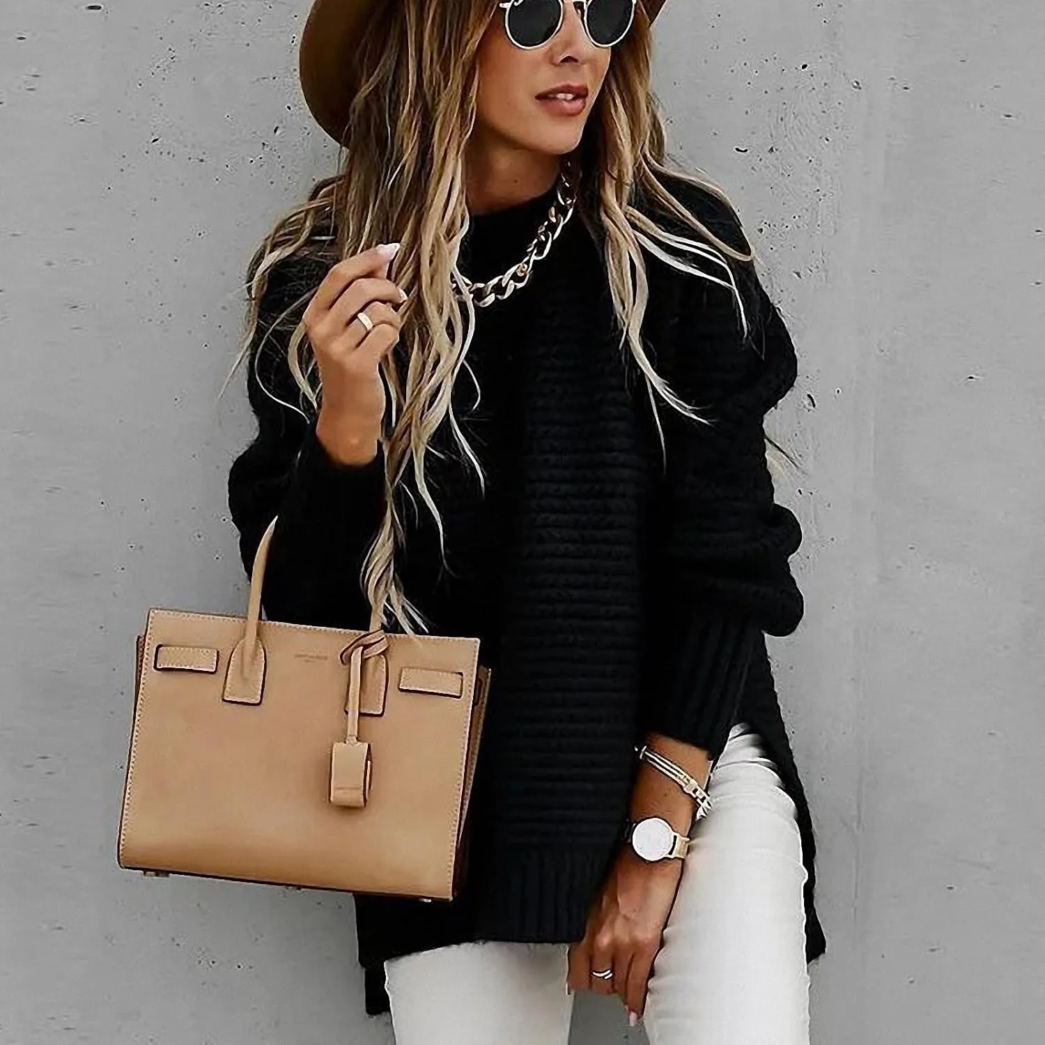 Women Solid Color Half Turtleneck Side Slit Chunky Knitted Pullover Sweater Twist Thread Lazy Style Long Lantern Sleeve