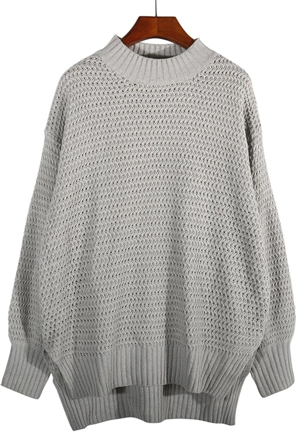 Women Solid Color Half Turtleneck Side Slit Chunky Knitted Pullover Sweater Twist Thread Lazy Style Long Lantern Sleeve