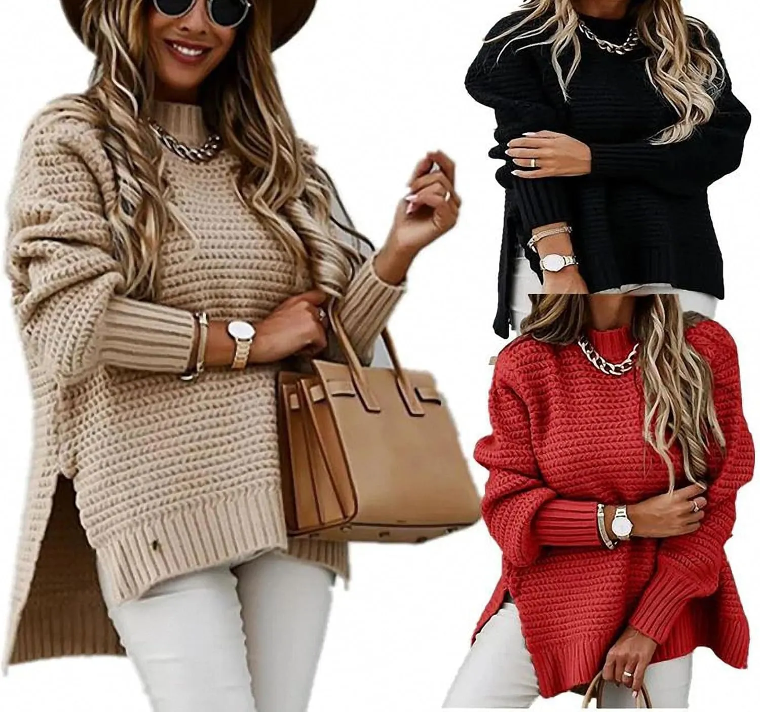 Women Solid Color Half Turtleneck Side Slit Chunky Knitted Pullover Sweater Twist Thread Lazy Style Long Lantern Sleeve