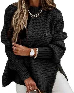 Women Solid Color Half Turtleneck Side Slit Chunky Knitted Pullover Sweater Twist Thread Lazy Style Long Lantern Sleeve