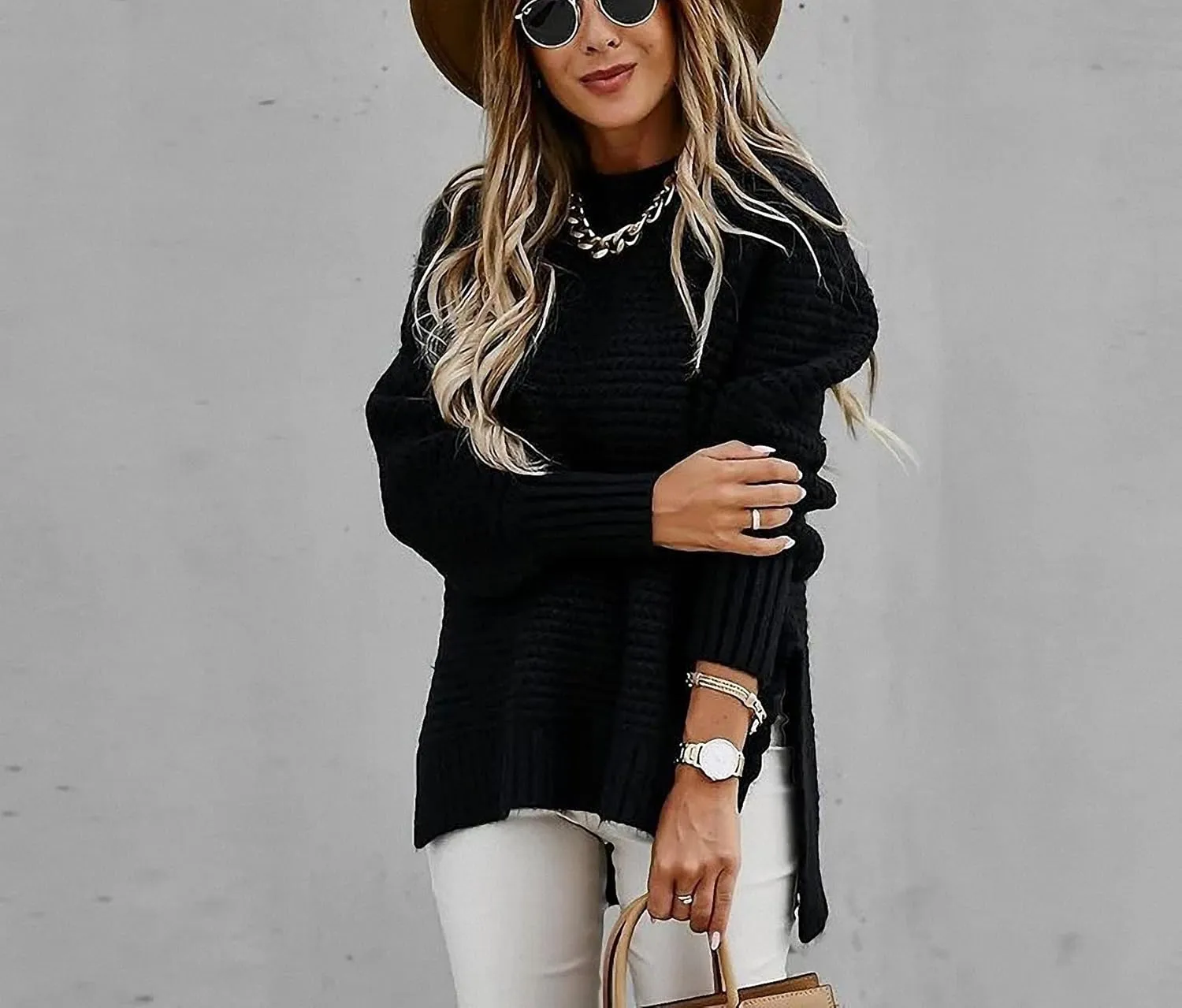 Women Solid Color Half Turtleneck Side Slit Chunky Knitted Pullover Sweater Twist Thread Lazy Style Long Lantern Sleeve