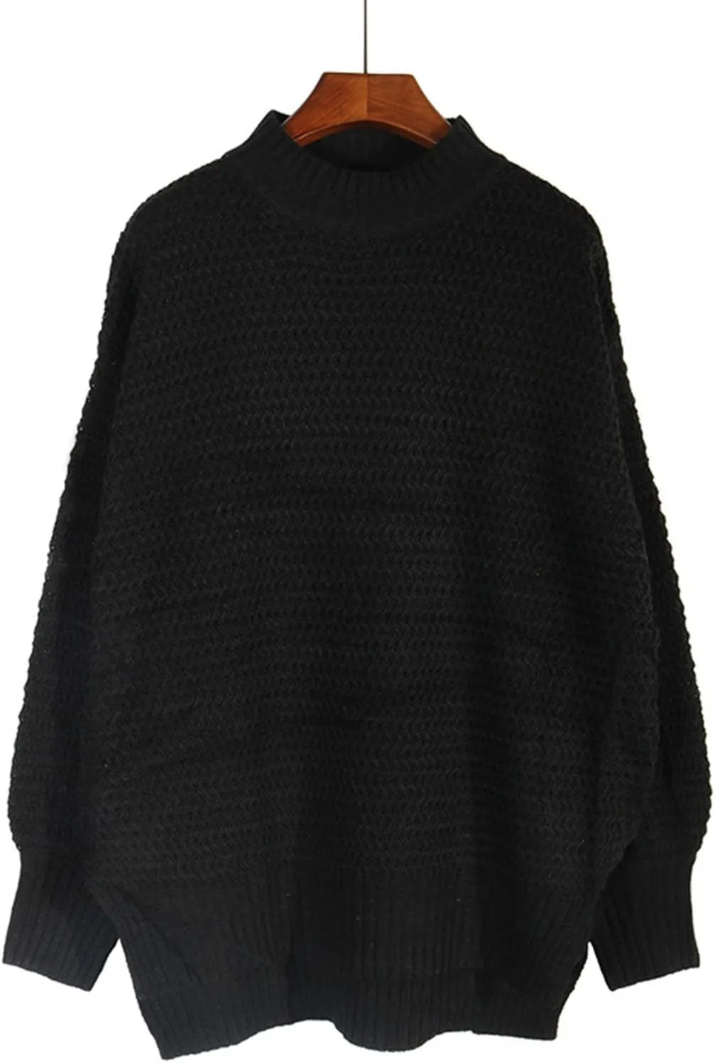 Women Solid Color Half Turtleneck Side Slit Chunky Knitted Pullover Sweater Twist Thread Lazy Style Long Lantern Sleeve