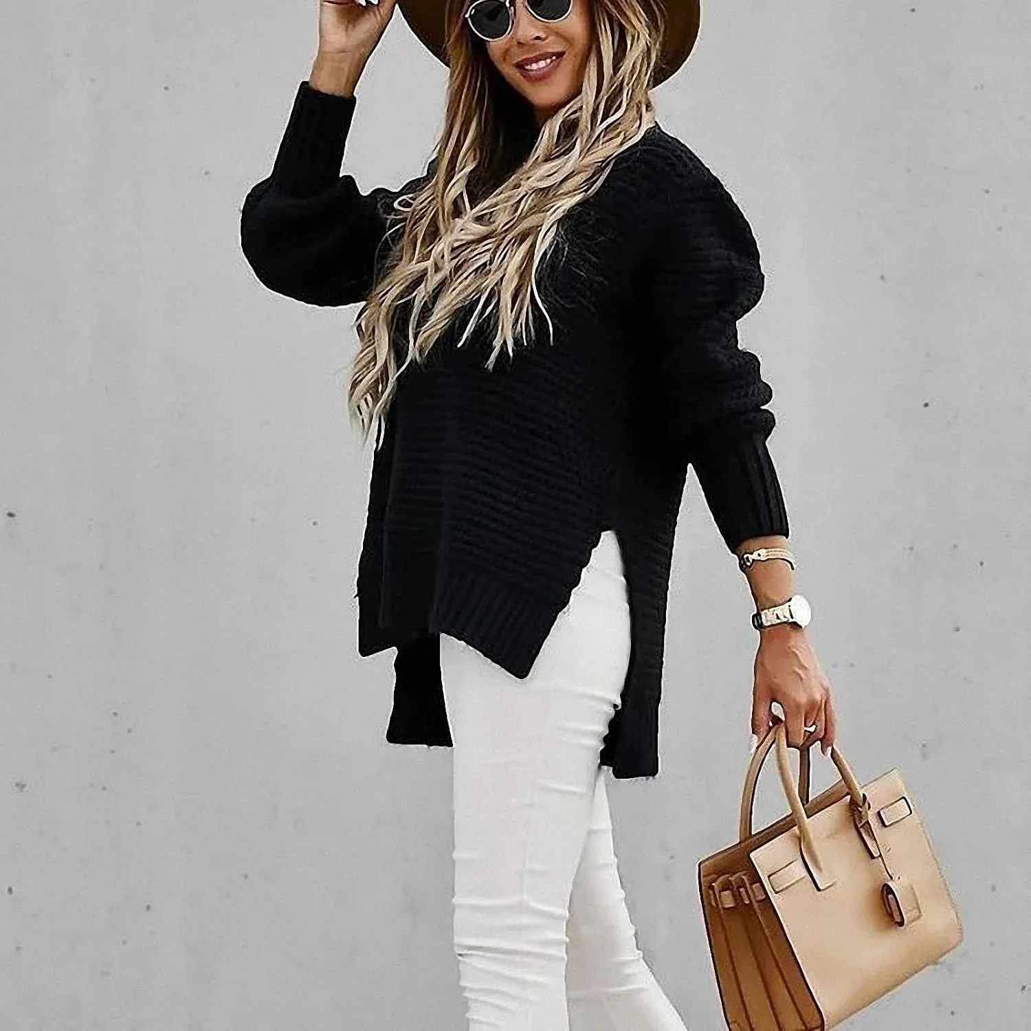 Women Solid Color Half Turtleneck Side Slit Chunky Knitted Pullover Sweater Twist Thread Lazy Style Long Lantern Sleeve