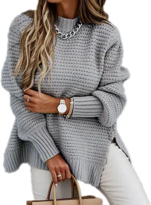 Women Solid Color Half Turtleneck Side Slit Chunky Knitted Pullover Sweater Twist Thread Lazy Style Long Lantern Sleeve