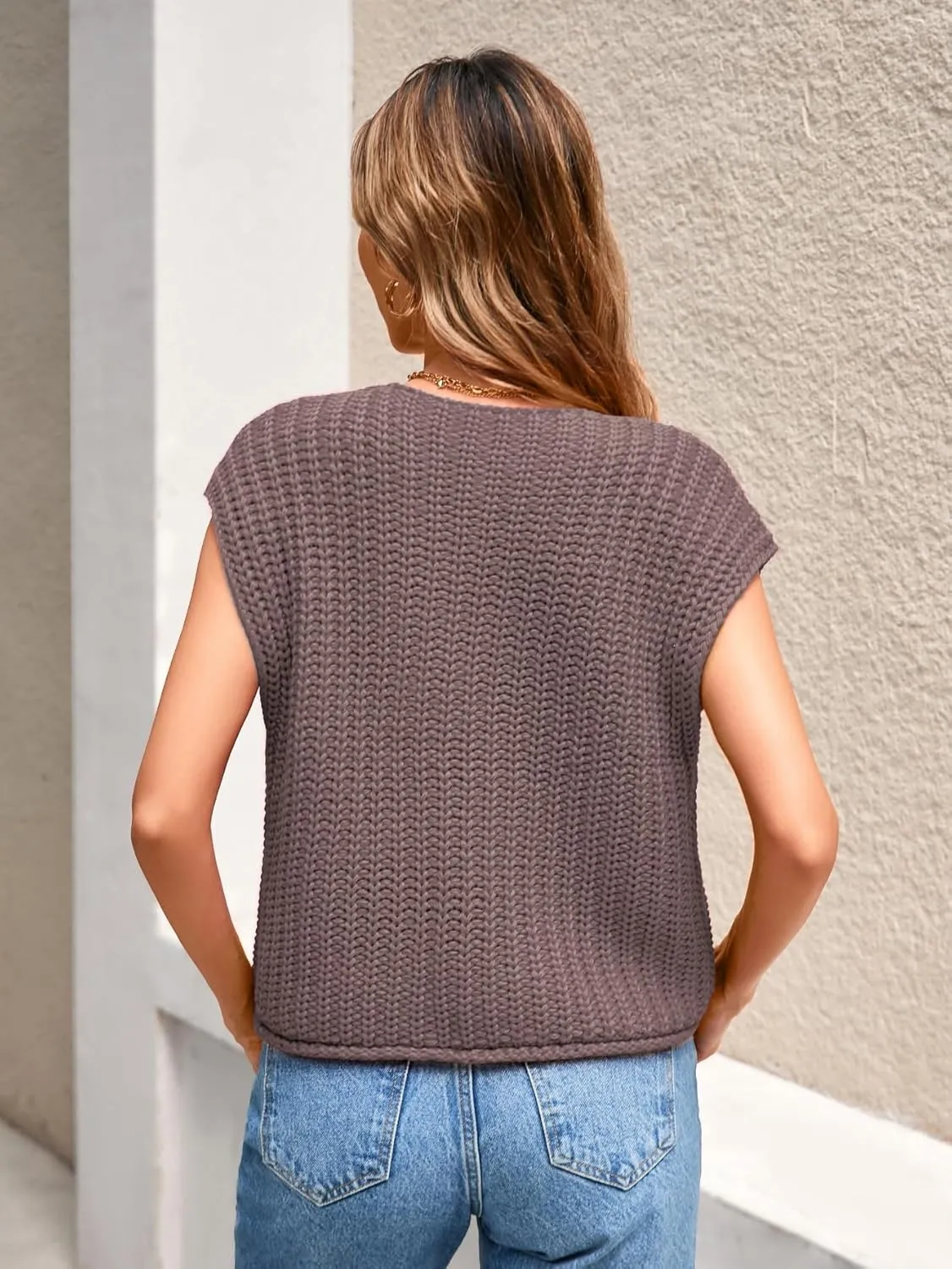 Women's Oversized Cute Cap Sleeve Sweater Vest Fall 2024 Lightweight Crochet Waffle Chunky Knit Button Cardigan Top