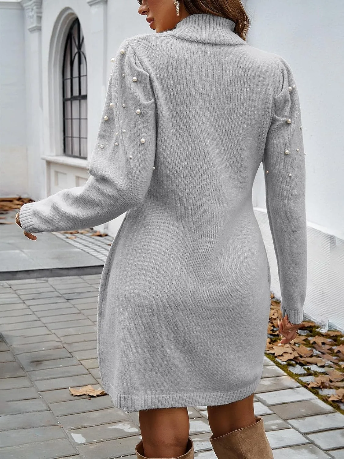 Women's Turtleneck Long Sleeve Knit Slim Elegant Style Sweater Bodycon Pearl Decoration Sweater Dress