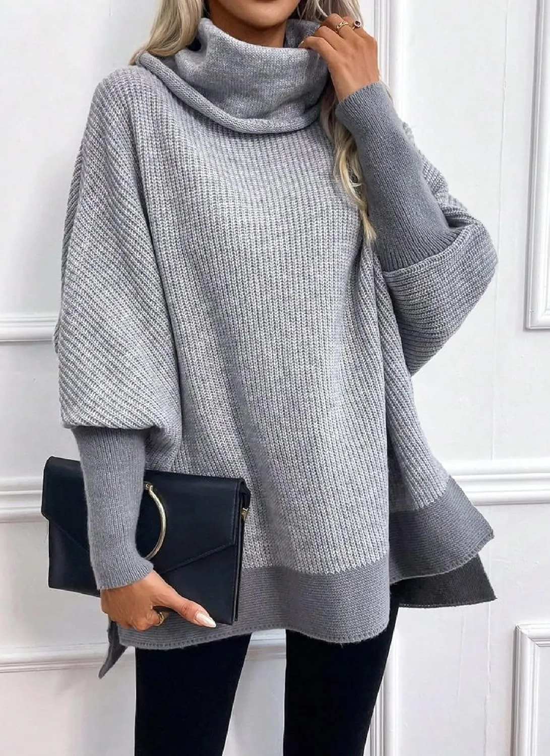 Women's Turtleneck Oversized Sweaters Batwing Sleeves Chunky Knit Ribbed Slouchy Pullover Sweater Tops 2025