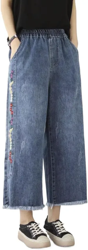 Women's Vintage Style Wide Leg Denim Pants with Embroidery and Tassels Elastic Waist Ankle Length