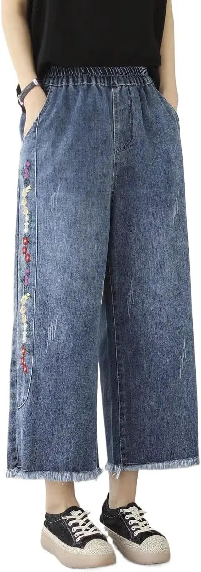 Women's Vintage Style Wide Leg Denim Pants with Embroidery and Tassels Elastic Waist Ankle Length