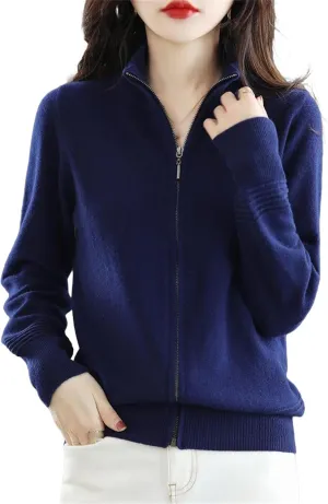 Wool Cardigan Cashmere Sweater Women Zipper Stand Collar Knitted Tops Simple Zippered Knitted Sweater Jacket