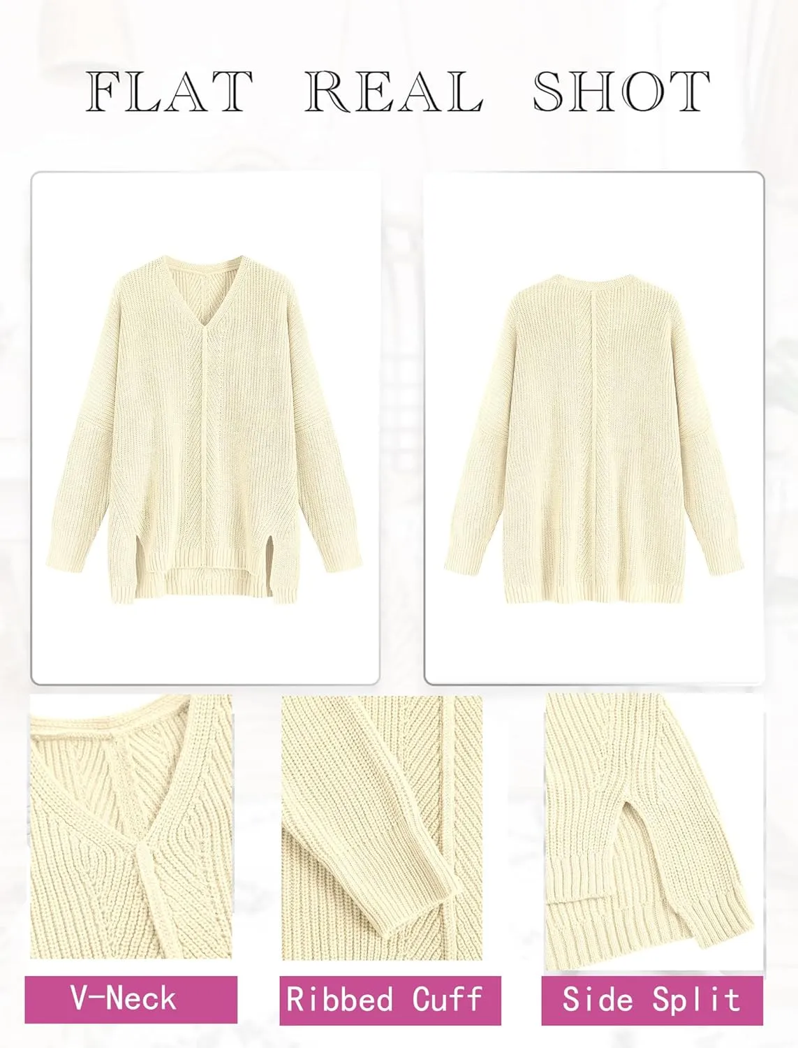 ZAFUL Women's Oversized Sweaters V Neck Long Sleeve Knit Pullover Batwing Drop Shoulder Split Tops Trendy Fall Outfits 2024